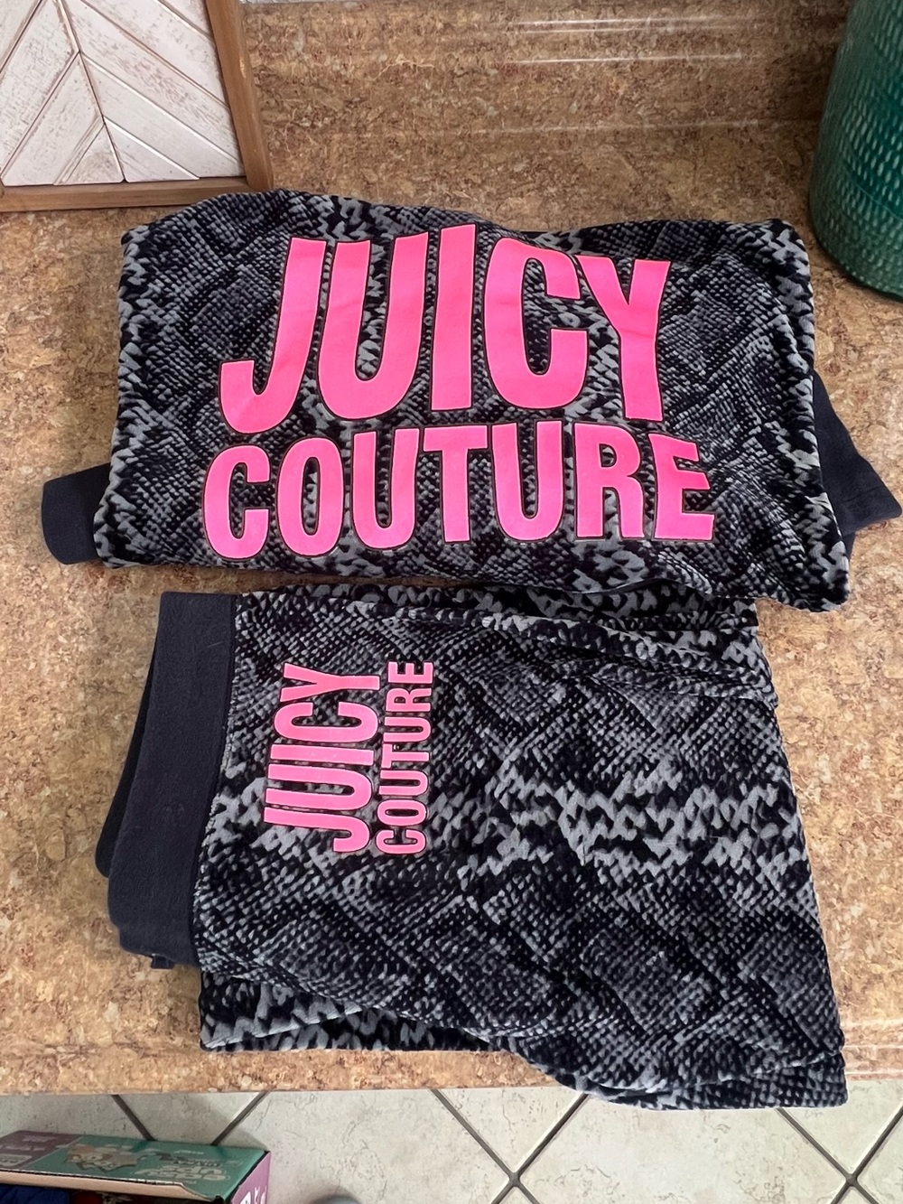 Juicy Couture Black & Hot Pink Snake-Print Velour Track Hoodie and Pants
